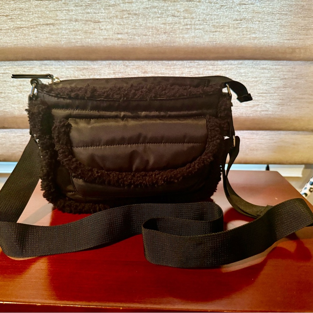 Black Crossbody Bag with faux sherpa Trim